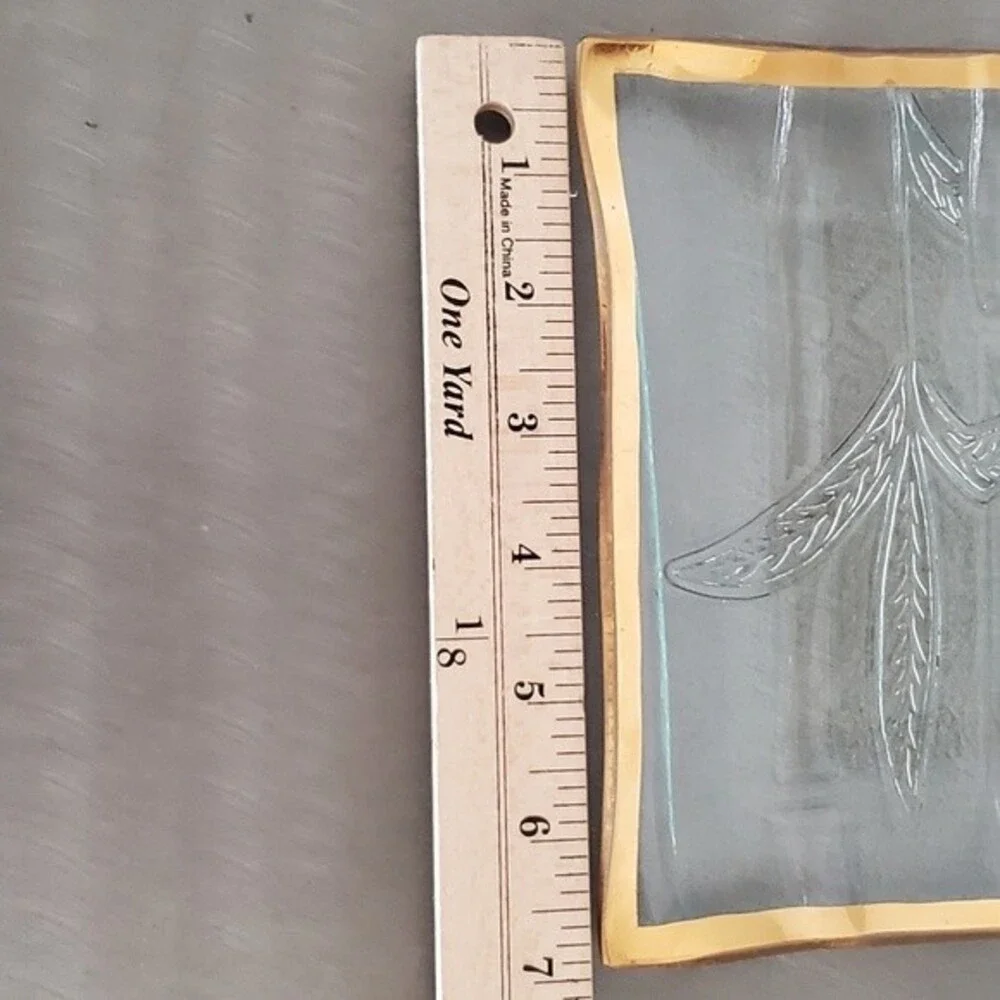 Vintage Mid Century Bamboo Gold Trimmed Art Glass Trinket Dish Plate - Signed